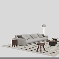 Modern Beige Sofa Coffee Table Set With Checkered Rug Accent Chair And Floor Lamp
