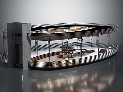 Modern Curved Two Story Open Leisure Interior With Metal Railings And Tables 3d model