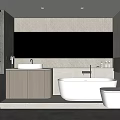 Modern Bathroom Interior Design With Wooden Vanity White Bathtub Gray Tiles And Large Mirror