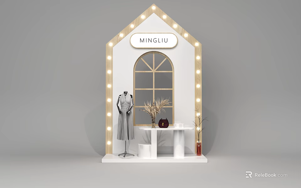 MINGLIU Clothing Store House Shaped Display With String Lights Mannequin And Gray Dress 3d model 