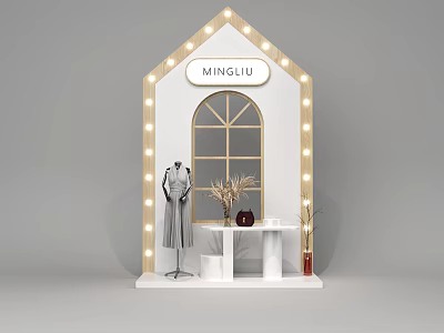 MINGLIU Clothing Store House Shaped Display With String Lights Mannequin And Gray Dress 3d model