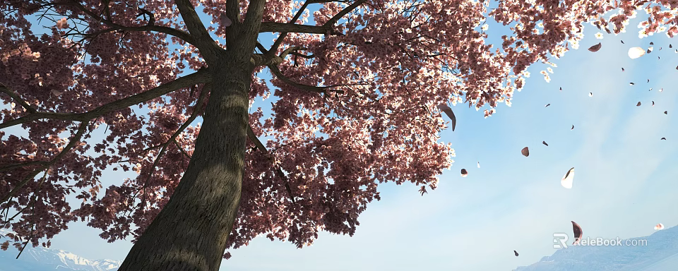 Cherry Blossom Tree With Pink Flowers Against Blue Sky And Falling Petals 3d model 