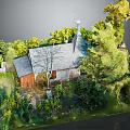 Rustic Country Building With Gray Roof Red Shed And Lush Green Trees Around Grass