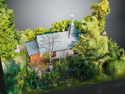 Rustic Country Building With Gray Roof Red Shed And Lush Green Trees Around Grass 3d model