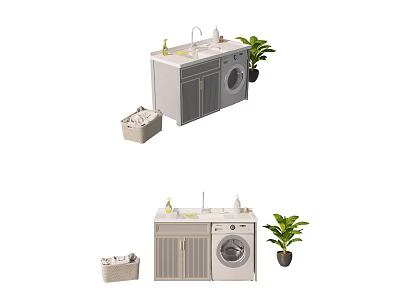 Modern Bathroom Cabinet Design With Washing Machine Sink Plant And Storage Basket 3d model