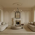 Classic Living Room Interior With Elegant Chandelier Fireplace Two Sofas And Round Coffee Table