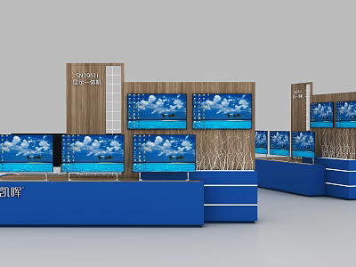 LAVONIA Modern Display Shelves with Blue Units Digital Screens and Scenic Sky Sea Views 3d model