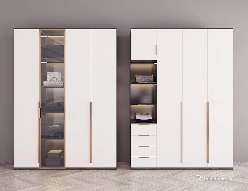 Modern White Wardrobe With Glass Door Open Shelves And Drawers Storage Design 3d model 