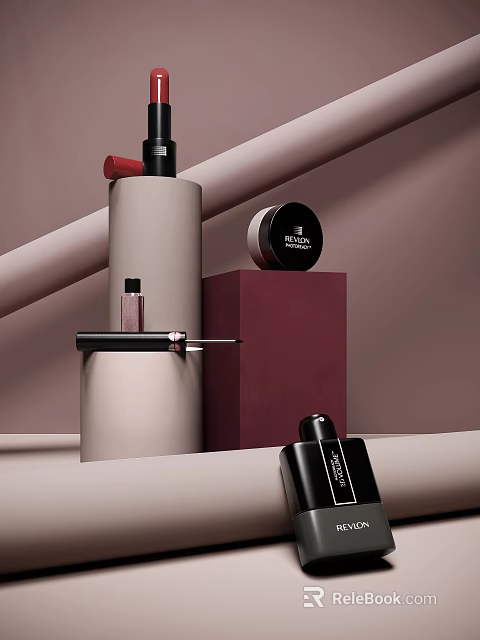 Elegant Perfume and Cosmetics Display With Bottles Jars and Lipstick on Colored Stands 3d model