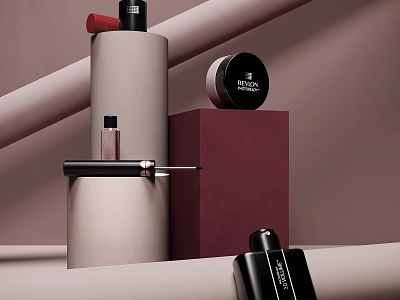 Elegant Perfume and Cosmetics Display With Bottles Jars and Lipstick on Colored Stands 3d model