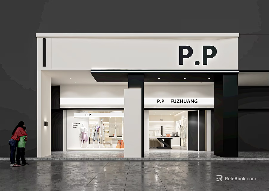 P P Fuzhuang Clothing Store Modern Exterior With Window Clothes Display And Customers 3d model 