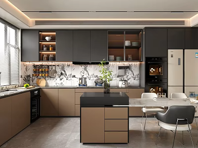 Modern Kitchen Interior With Dark Cabinets Island Counter And Stainless Steel Appliances 3d model
