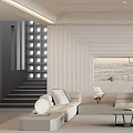 Modern Living Room Interior Design With Cream Sofa Green Chair And Vertical Stripe Wall