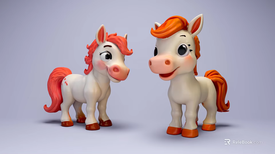 Cute White Toy Ponies With Red Orange Mane And Tail In Cartoon Style Design 3d model 