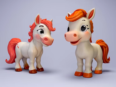 Cute White Toy Ponies With Red Orange Mane And Tail In Cartoon Style Design 3d model