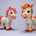 Cute White Toy Ponies With Red Orange Mane And Tail In Cartoon Style Design