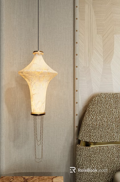 Elegant Textured Chandelier With Geometric Design Against Textured Wallpaper And Riveted Trim 3d model 