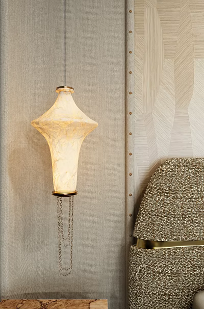 Elegant Textured Chandelier With Geometric Design Against Textured Wallpaper And Riveted Trim 3d model