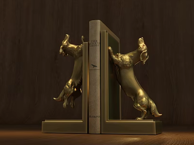 Golden Dog Shaped Bookends For Home Decor With Wooden Background And Book Support 3d model