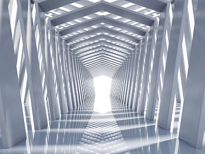Futuristic Corridor With Symmetric Geometric Design Reflective Floor And Bright End 3d model
