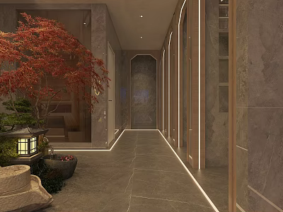 Luxurious SPA Sauna Corridor With Gray Marble Walls Red Maple Tree And Modern Lantern Decor 3d model