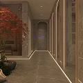 Luxurious SPA Sauna Corridor With Gray Marble Walls Red Maple Tree And Modern Lantern Decor