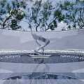 Modern Streamlined Metallic Sculpture In Outdoor Arched Space With Trees And Lighting