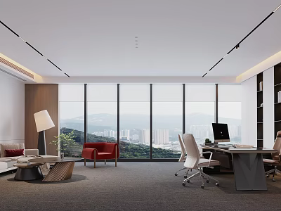 Modern Office Interior Design With Large Windows City View Sofa And Desk Chairs 3d model