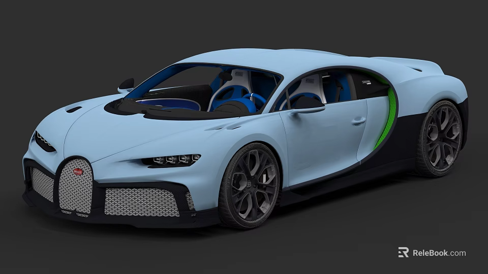 Light Blue Sports Car With Modern Design Blue Seats Green Accents And Black Wheels 3d model 
