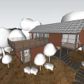 Wooden House with Sloped Roof Large Windows and Stone Steps in Natural Trees