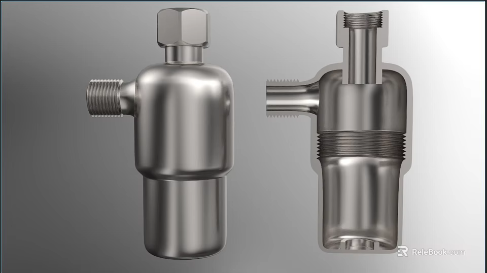 Stainless Steel Industrial Components With Threaded Connections Hexagonal Top And Cross Section View 3d model