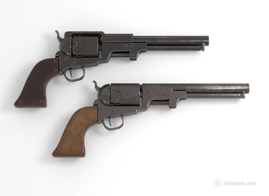 Vintage Revolvers With Wooden Grips And Metal Barrels On White Surface 3d model 
