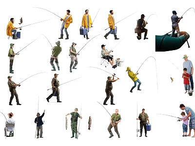 Group Of People Fishing With Various Poses Holding Rods And Buckets 3d model