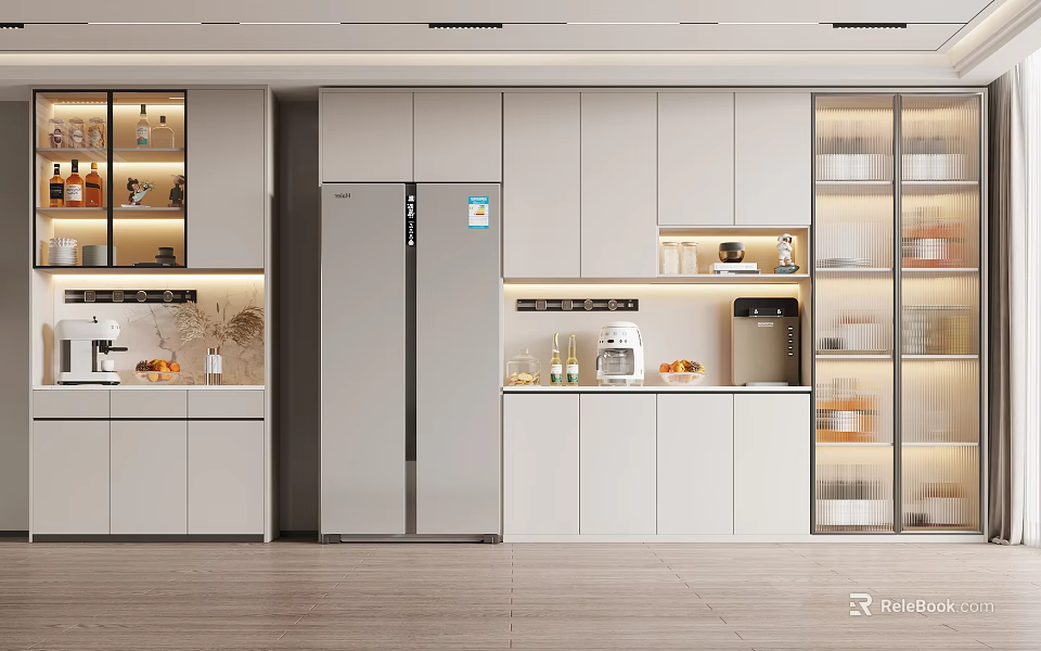 Modern Glass Door Wine Cabinet In Open Kitchen Interior With White Cabinets And Recessed Lighting 3d model 