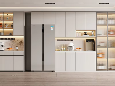 Modern Glass Door Wine Cabinet In Open Kitchen Interior With White Cabinets And Recessed Lighting 3d model