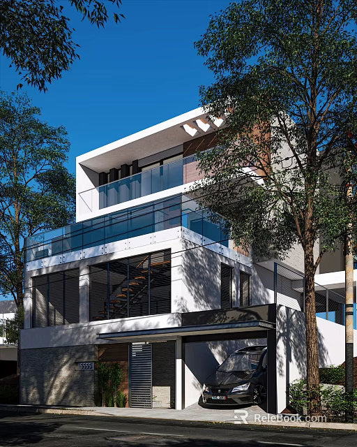 Modern Two Story Detached Villa With Glass Balcony And Tree Surroundings 3d model 