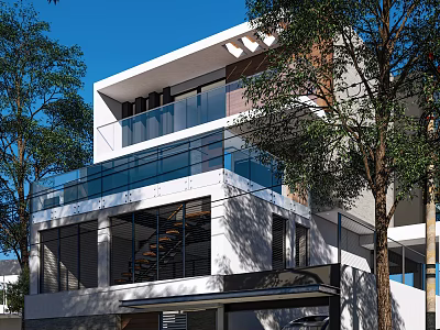 Modern Two Story Detached Villa With Glass Balcony And Tree Surroundings 3d model