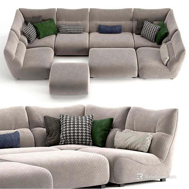 Light Gray Sectional Sofa With Plush Green Blue Checkered Throw Pillows And Ottoman 3d model