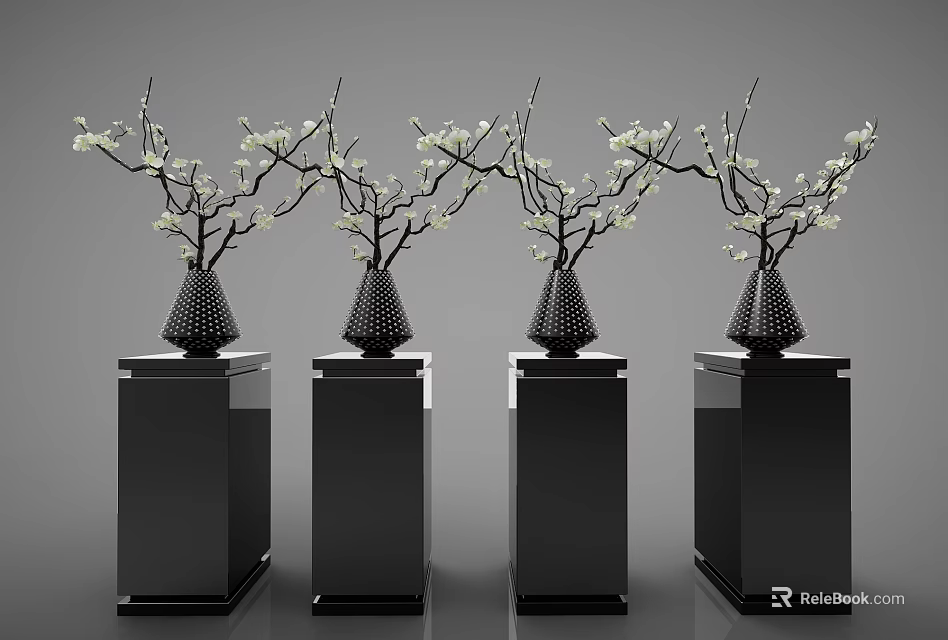 Four Black Vases With White Flower Branches On Black Square Pedestals 3d model 