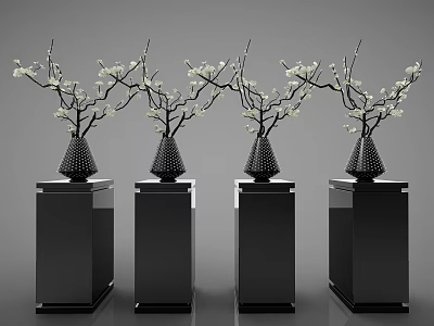 Four Black Vases With White Flower Branches On Black Square Pedestals 3d model