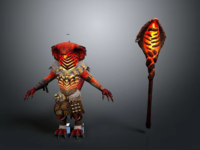 Fantasy Lizard Character In Red Orange Armor With Flaming Staff And Scaly Texture 3d model