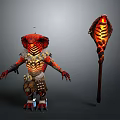 Fantasy Lizard Character In Red Orange Armor With Flaming Staff And Scaly Texture