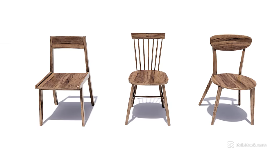 Three Modern Wooden Dining Chairs With Distinct Back Designs And Natural Wood Finish 3d model 