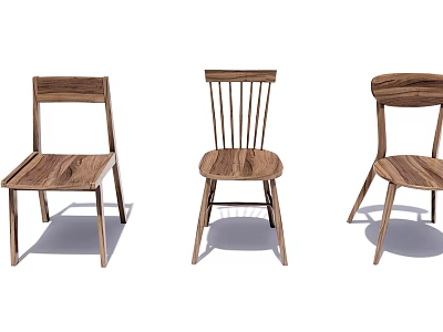 Three Modern Wooden Dining Chairs With Distinct Back Designs And Natural Wood Finish 3d model