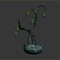 Cartoon Style Twisted Branch Plant With Green Decorative Ornaments In Blue And White Flower Pot