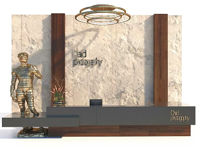 Elegant Reception Desk with Marble Wall Wooden Panels Circular Ceiling Lights Statue and Potted Plant 3d model