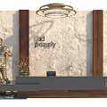 Elegant Reception Desk with Marble Wall Wooden Panels Circular Ceiling Lights Statue and Potted Plant