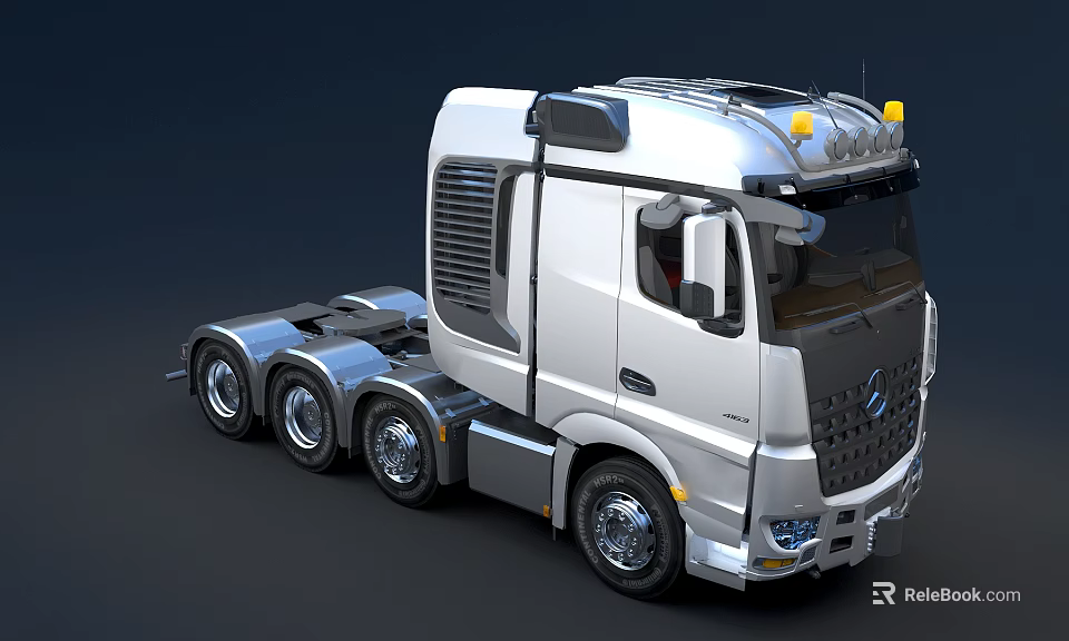 Modern Silver Tractor Unit With Tri Axle And Yellow Roof Lights 3d model 
