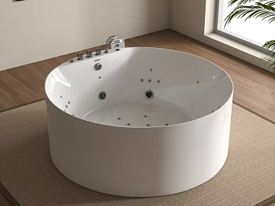 Modern Round White Whirlpool Bathtub Interior Design With Faucet Nozzles And Wooden Floor 3d model