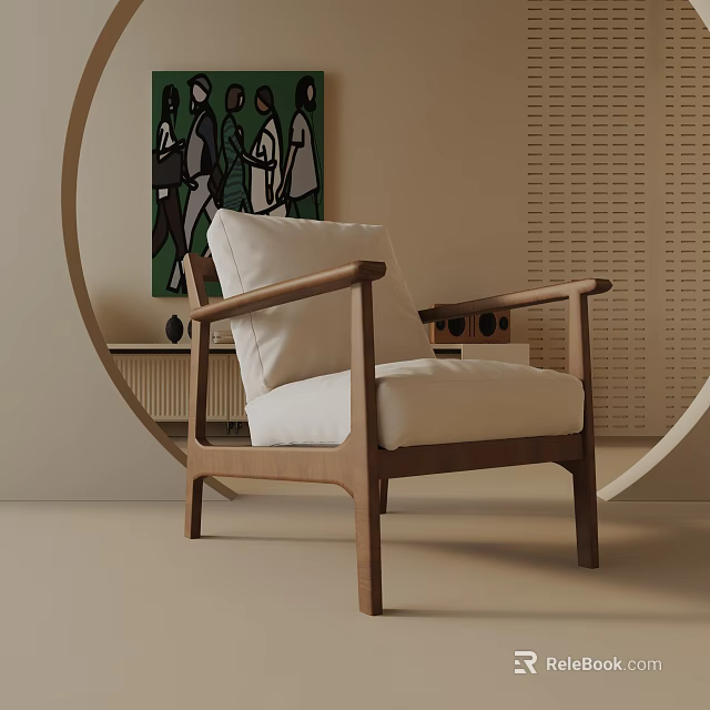 Modern Accent Chair With Wooden Frame White Cushion Circular Decor And Colorful Art Painting 3d model 